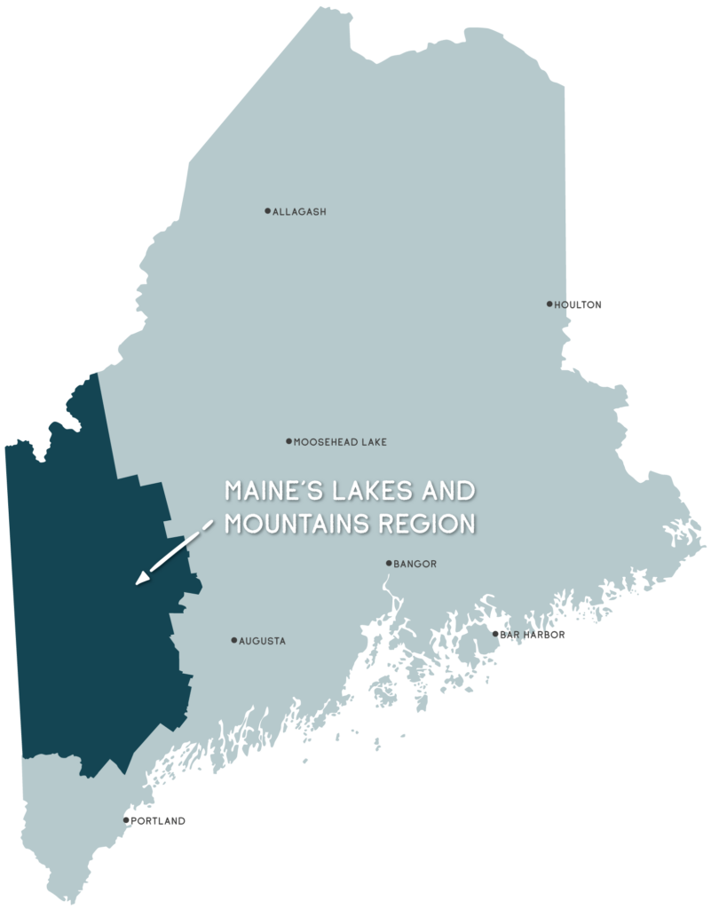 Map of Maine's Lakes and Mountains Region's location in state of Maine.