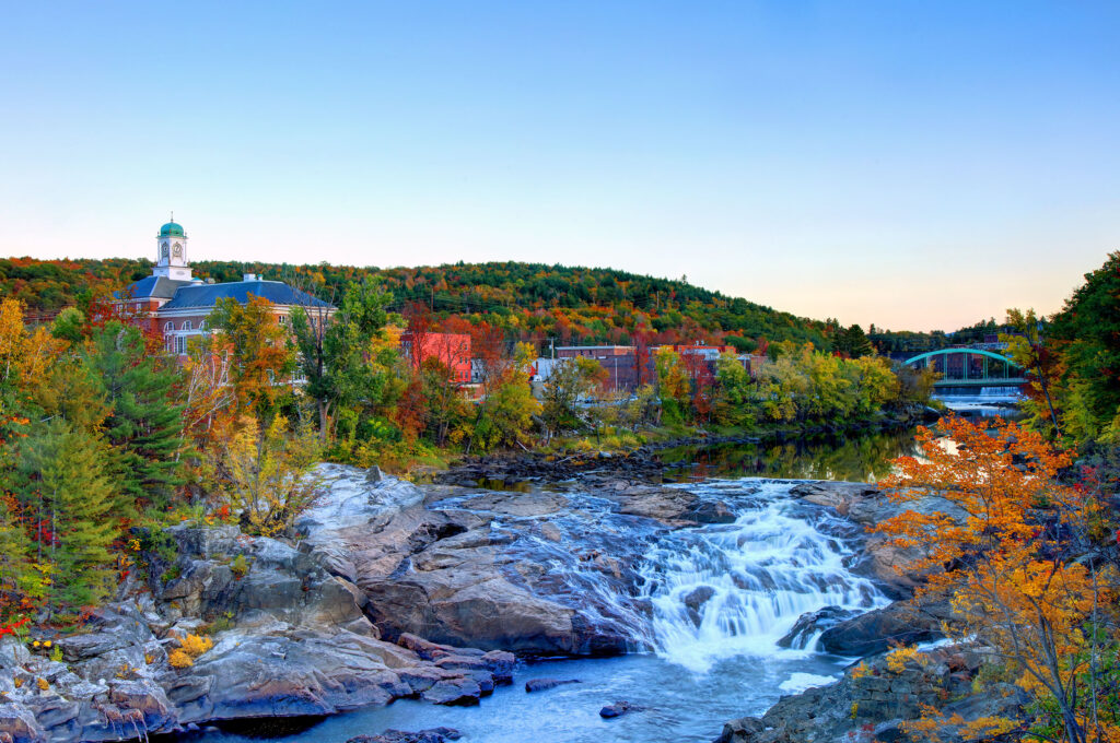 Rumford Falls is a chain of huge drops of the Androscoggin River.