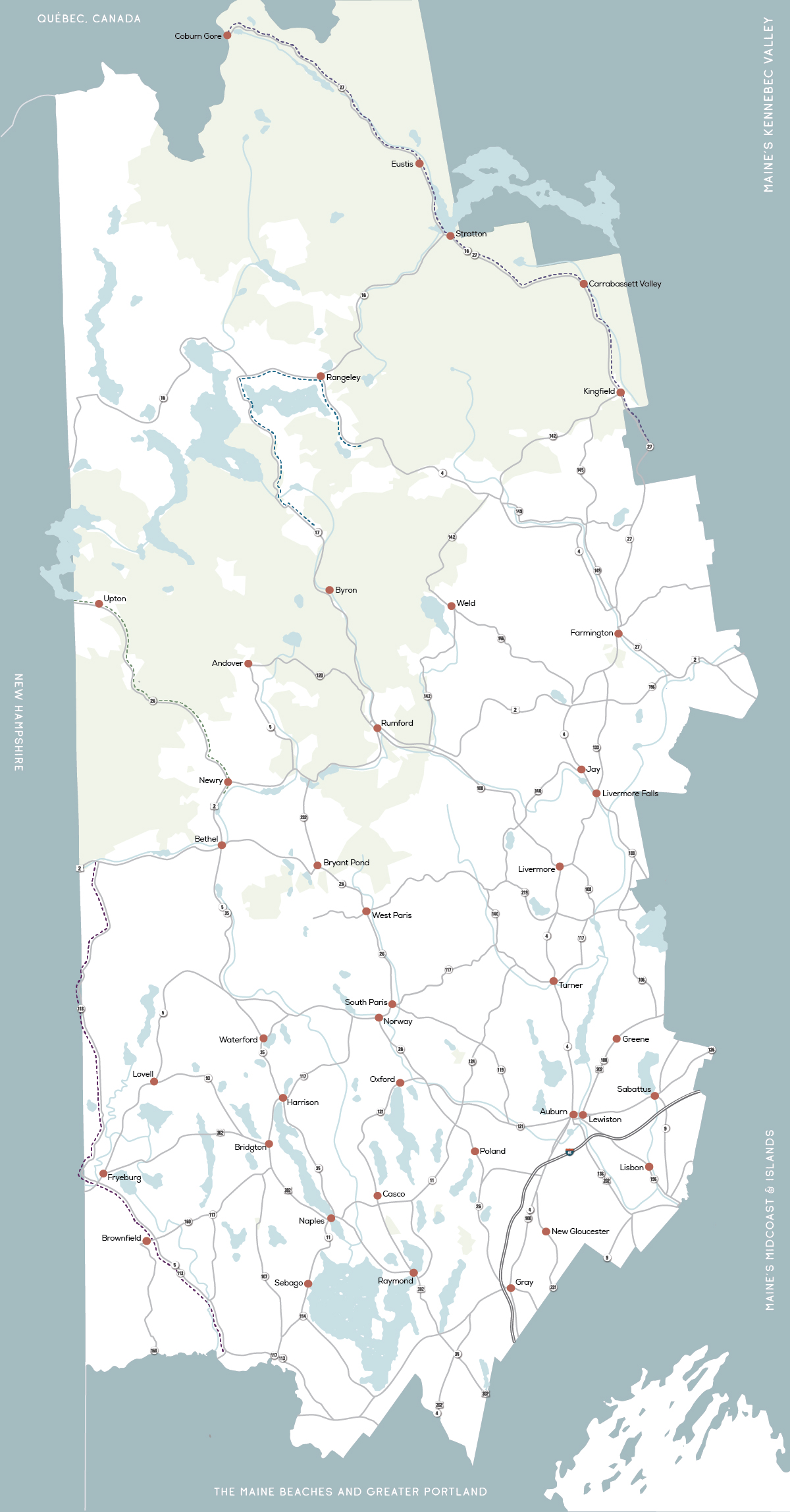 Map of Maine's Lakes and Mountains Scenic Byways