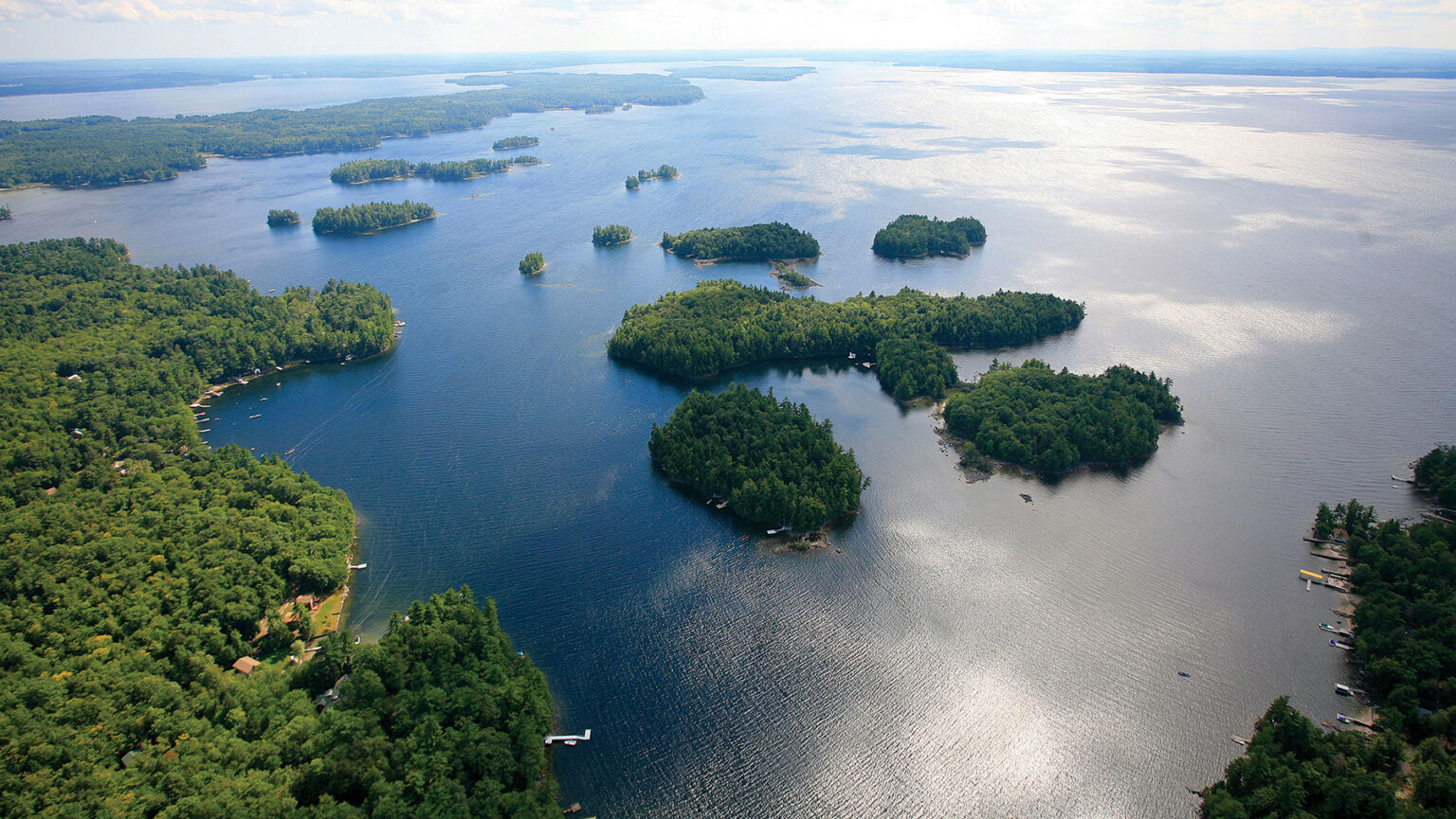 Aerial view of Sebago Lake and its islands.