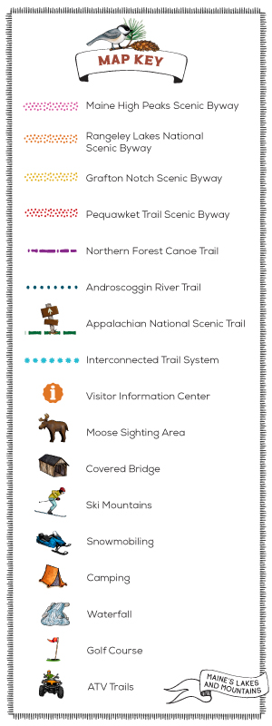 Map Key for Maine's Lakes and Mountains new illustrated map of the region